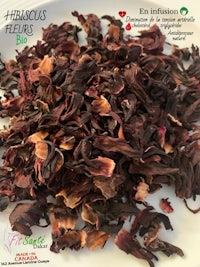 a pile of dried flowers with the words hibiscus