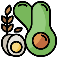 an avocado, wheat and heart icon on a black background