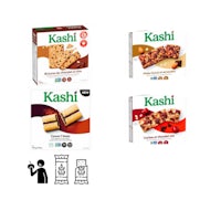 four boxes of kashi snacks are shown on a white background