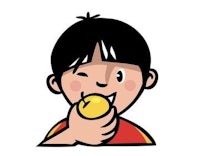 a cartoon boy eating an apple