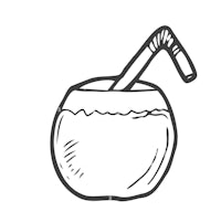 a black and white drawing of a coconut drink with a straw