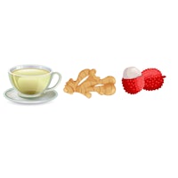 a cup of tea, a cup of ginger, and a piece of fruit