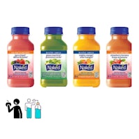 four bottles of juice are shown next to each other