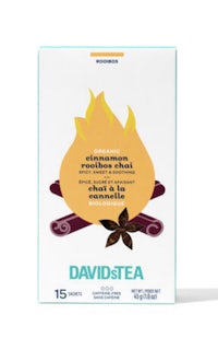 a box of david tea with a fire on it